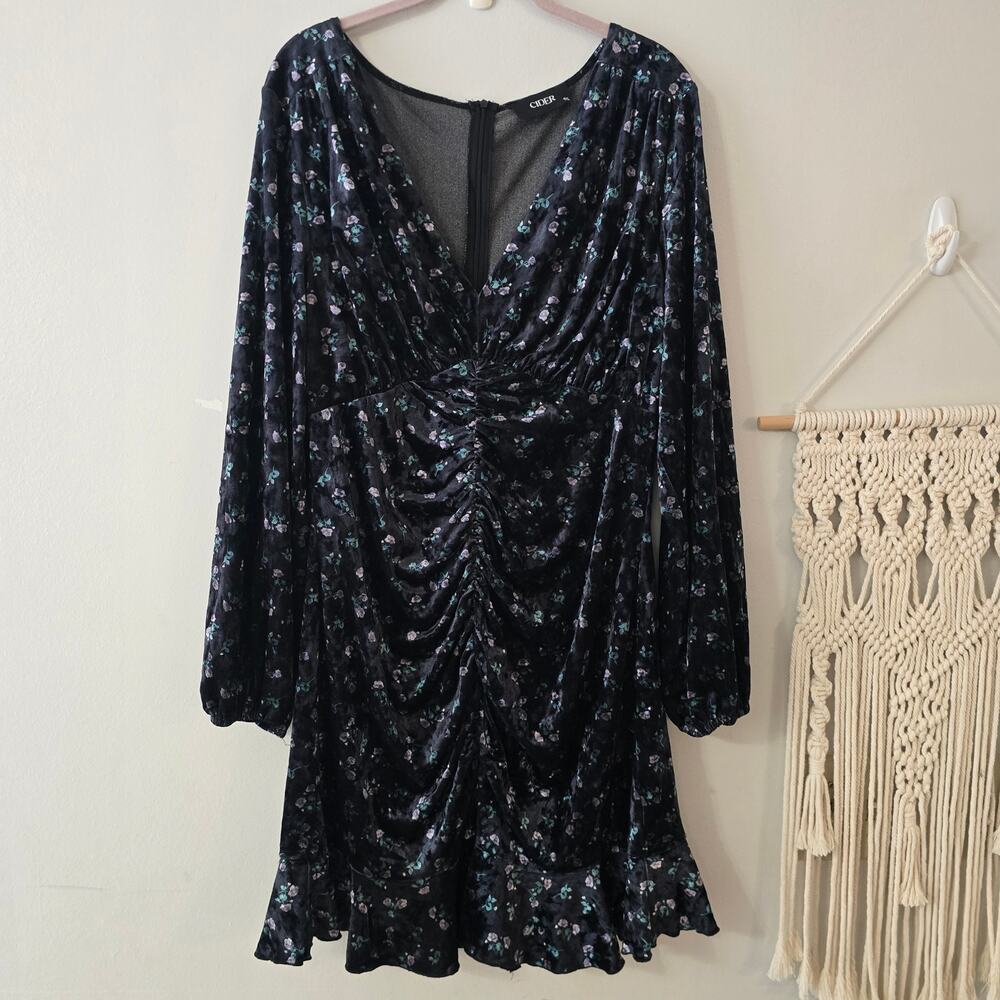 Cider Velvet Floral Ruched V Neck Long Sleeve Mini Dress Goth Dark Fairy 1XL